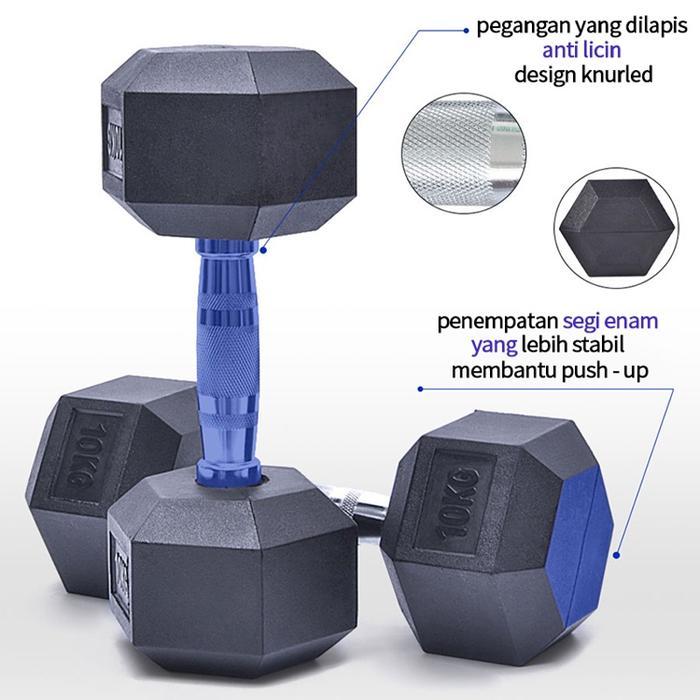 Dumbbell Karet 10kg/Cocok untuk Pria dan Wanita/Peralatan Fitness Rumah/Dumbbell Karet Hexagon