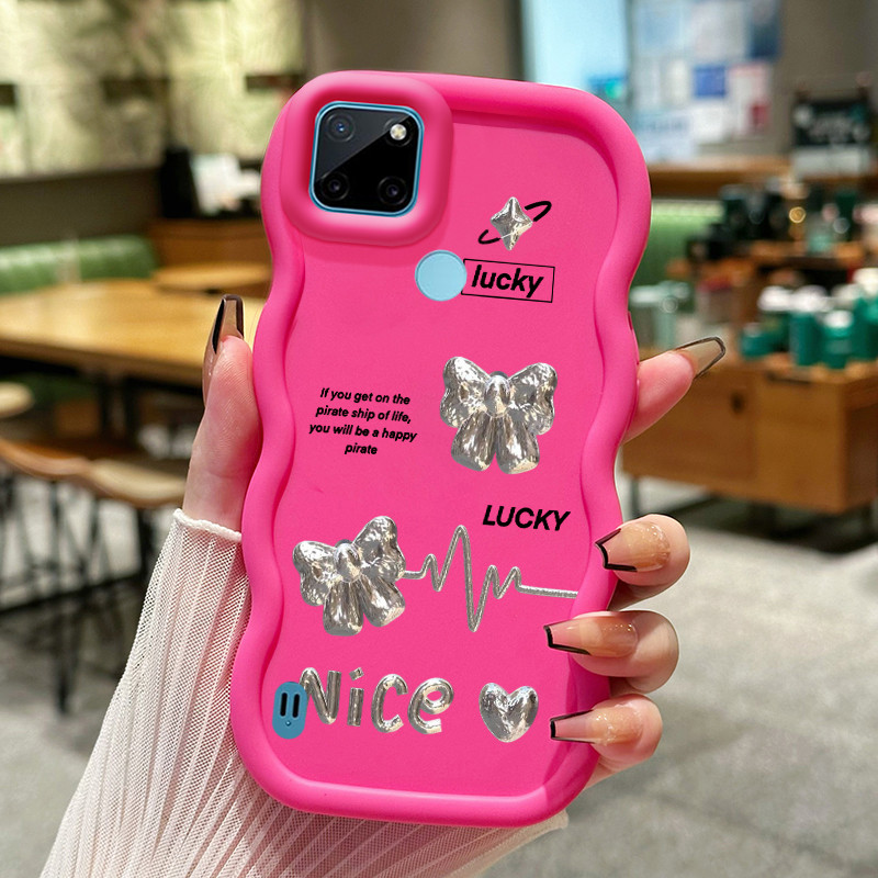 Casing Hp Untuk Realme C21Y C25Y Case Perak Bow Cesing Polos Kasing Macaron gelombang Kesing Silikon