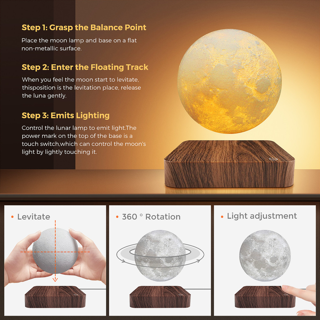 Levitating Moon Lamp, Magnetic Floating Moon Lamp Spinning Luna Night Light with 3 Color Modes, for