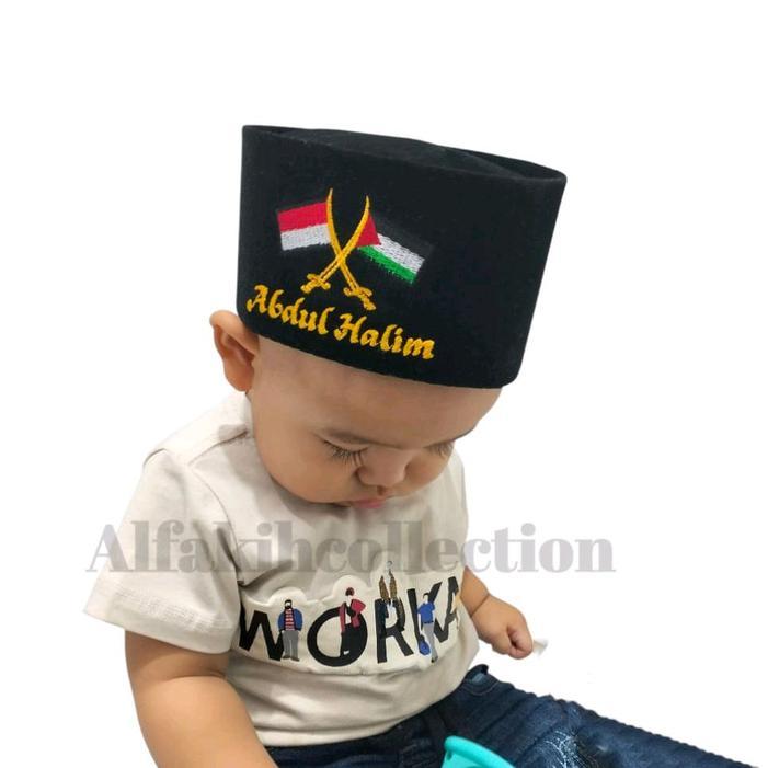 ORIGINAL Peci Songkok Bordir a Bendera Indonesia dan Palestina - Pria Dewasa - Turki, Hitam, Muslim,