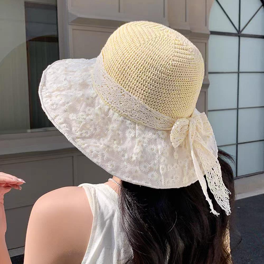Lace Bowknot Sun Hat Summer Hollow Out Thin Bucket Hat Female Outdoor Beach Panama Cap Travel Sun