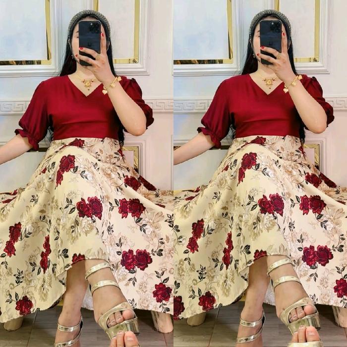 Dress Baju Casual Wanita Kimono Haruka Katun Rayon Motifpolos Kombi Bunga Panjang Midi