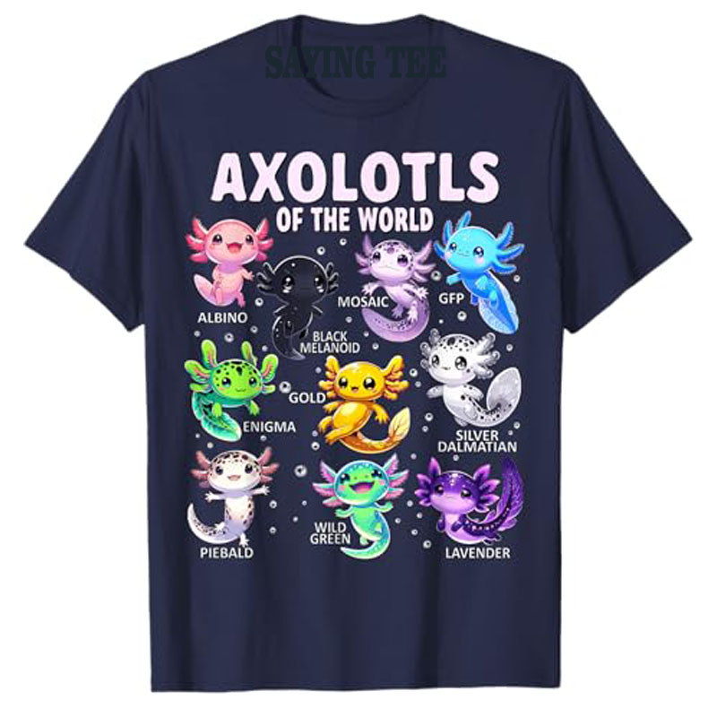 Axolotls of The World Kawaii T-Shirt Types of Axolotl Fish Amphibian Short Sleeve Tee Novelty Gift