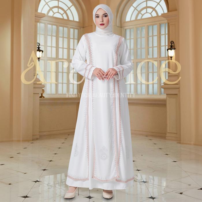 Aralluce 044 Gamis Abaya Putih Wanita Simple Dan Elegan Dengan Desain Minimalis Dan Renda Bordir