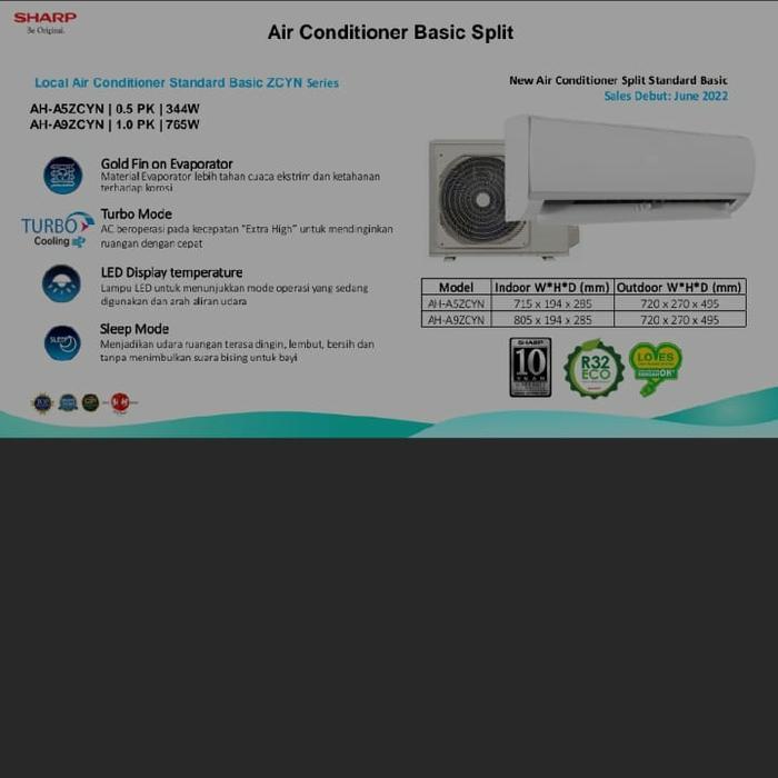 PROMO AC SHARP AH-A5 UCY 1/2pk TURBO COOL SERIES R32 0.5pk Garansi 10th 5ucy