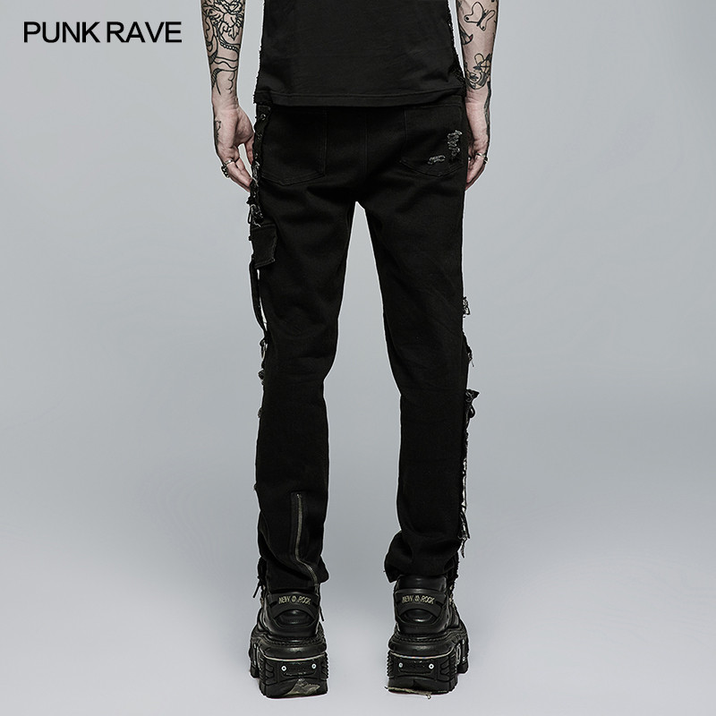 . Punk Rave Men'S Punk Rock Broken Hole Net Black Long Trousers -