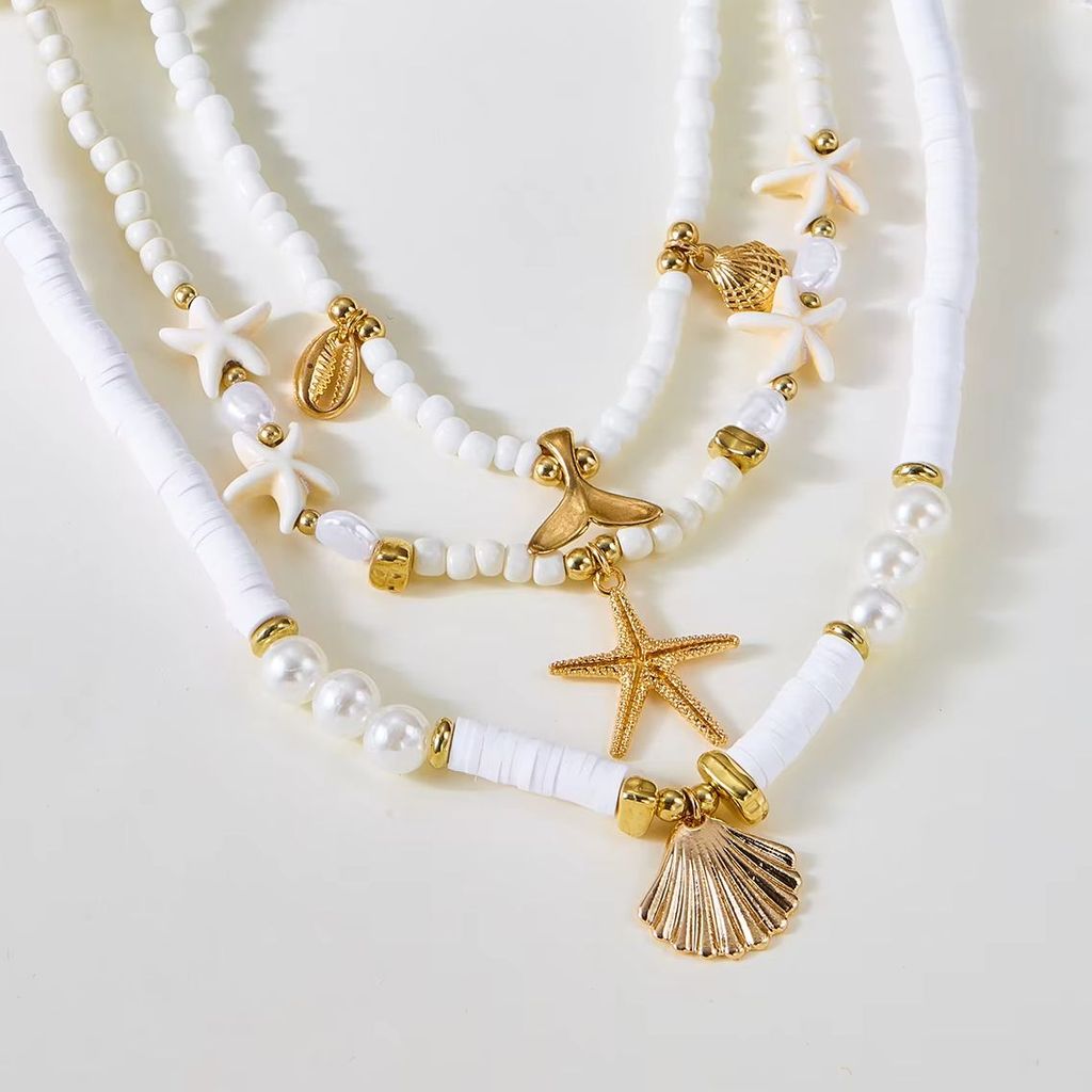 Boho Multilayer Starfish Shell Rice Beads Necklace for Women Vintage Imitation Pearl Stone Necklace