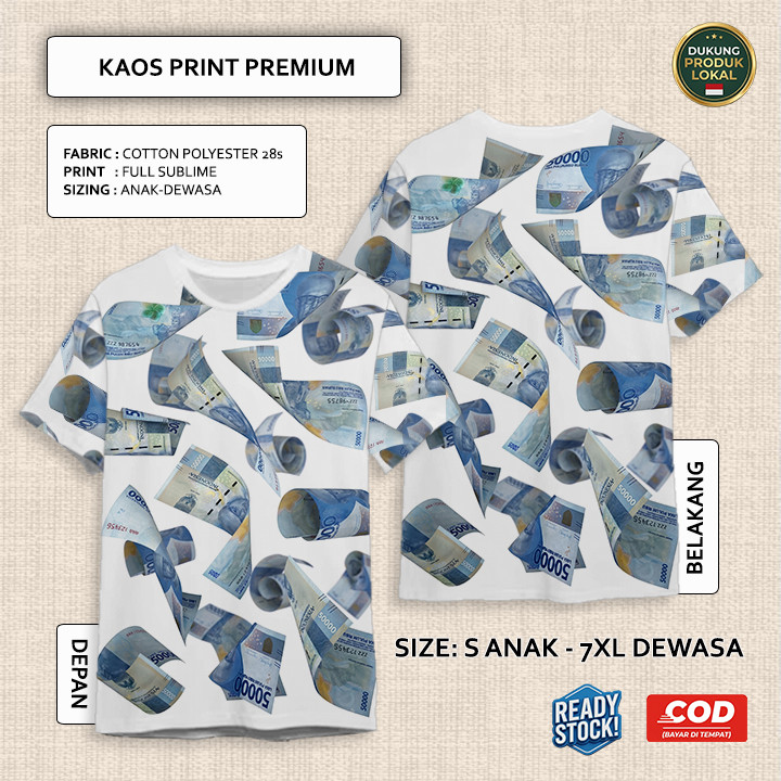 Kaos Uang Rupiah 50k 50rb Lima Puluh Ribu Gocap Full Printing Keren | Baju 3D Anak dan Dewasa Unisex