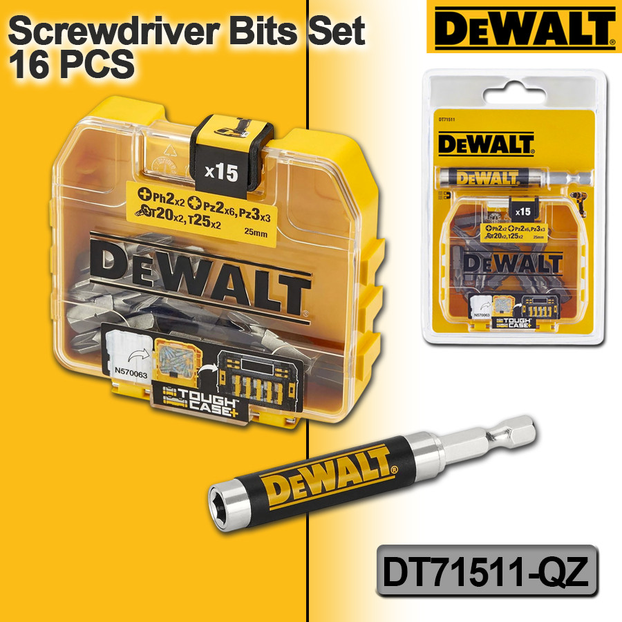 Dewalt 16Pcs Screwdriver Drill Bits and Telescopic Magnet Holder Inserts Ph2 x PZ2, PZ3 x 6, 2 x 3,
