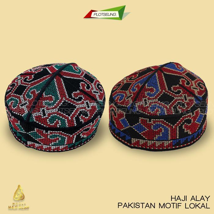 Peci Kopiah Rajut Pakistan Lokal Abu Biru Cokelat Hitam Hijau Merah Dan Putih Motif Full Bordir