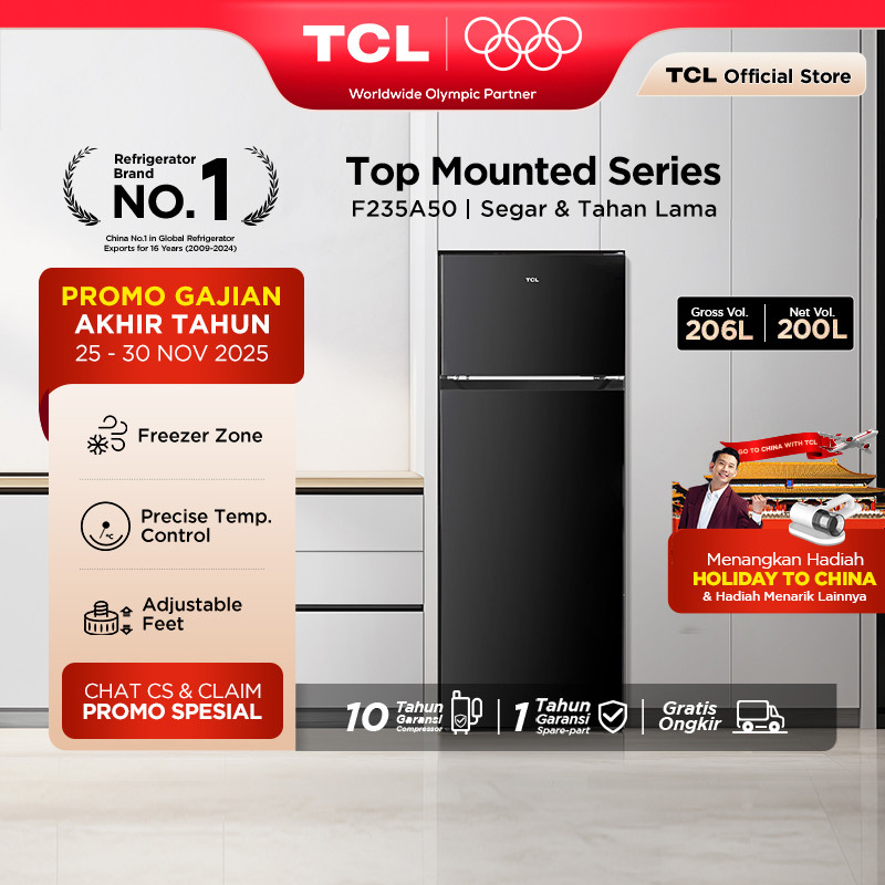 [BIGGER CAPACITY] ] TCL Kulkas 2 Pintu (Refrigerator) - Kapasitas 206L - Electronic Control - Adjust