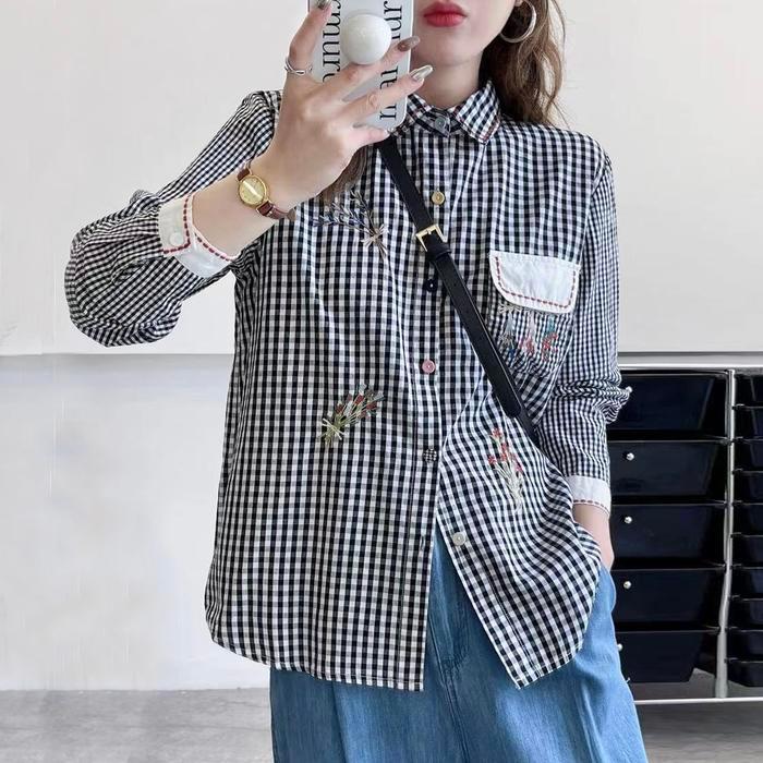 Blus Kemeja Katun Premium Kotak Hitam Biru Putih Bordir Bunga & Stitch Korea Import