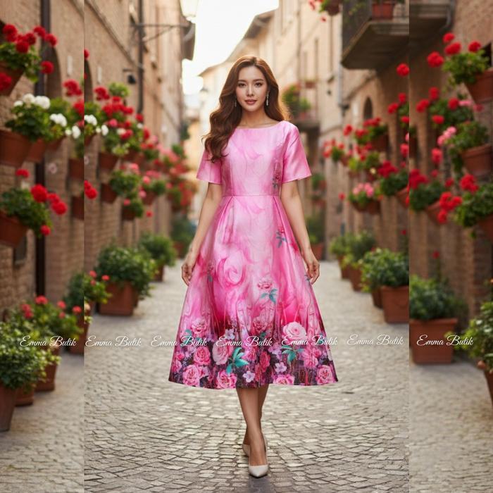 DresQuu- Emma.Butik E00271 Gaun Wanita Mewah Motif Bunga Retro Dress Pesta Simple