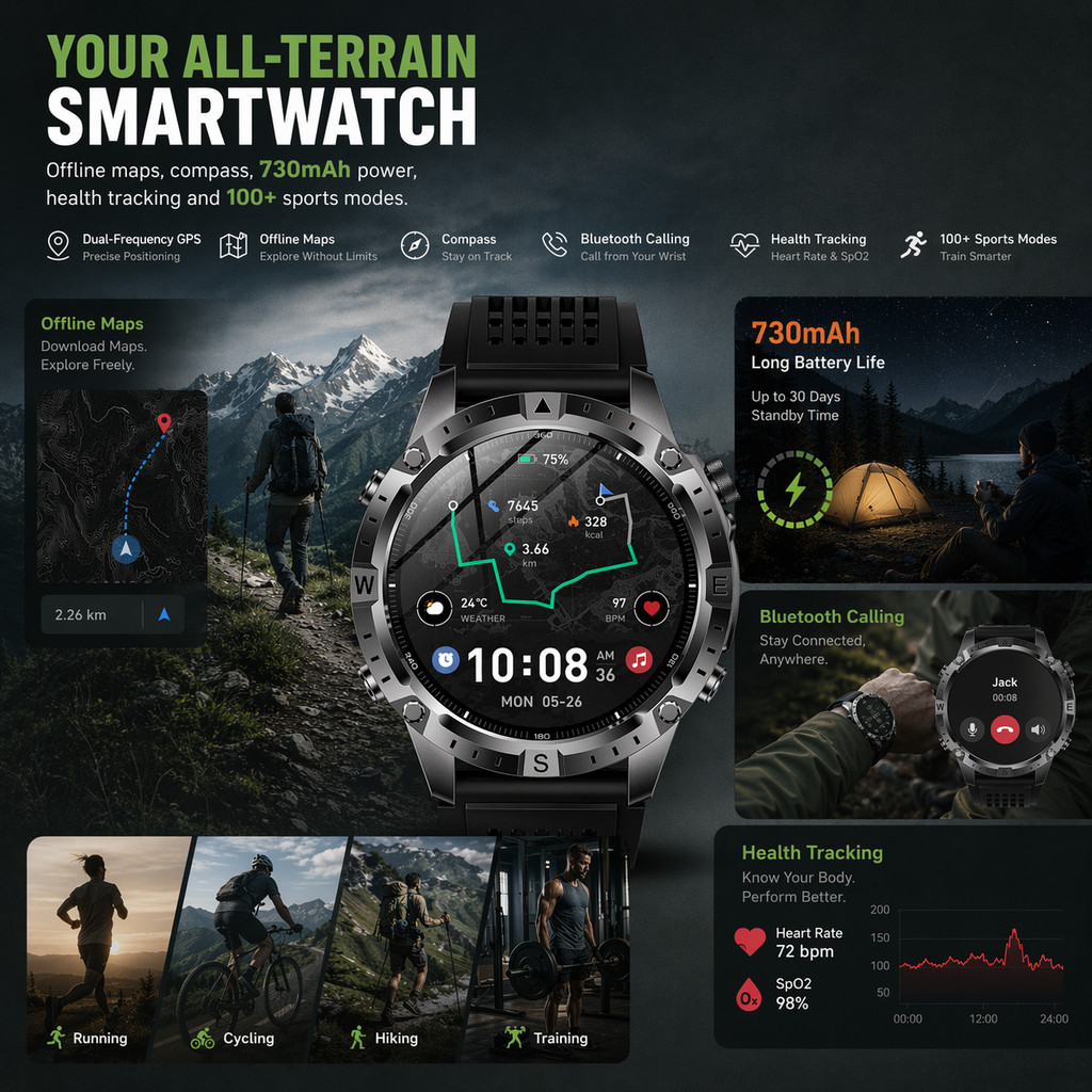 Outdoor GPS Fitness Watch 1.43 AMOLED Smart Watch with Local Music Offline Map Compass Barometer
