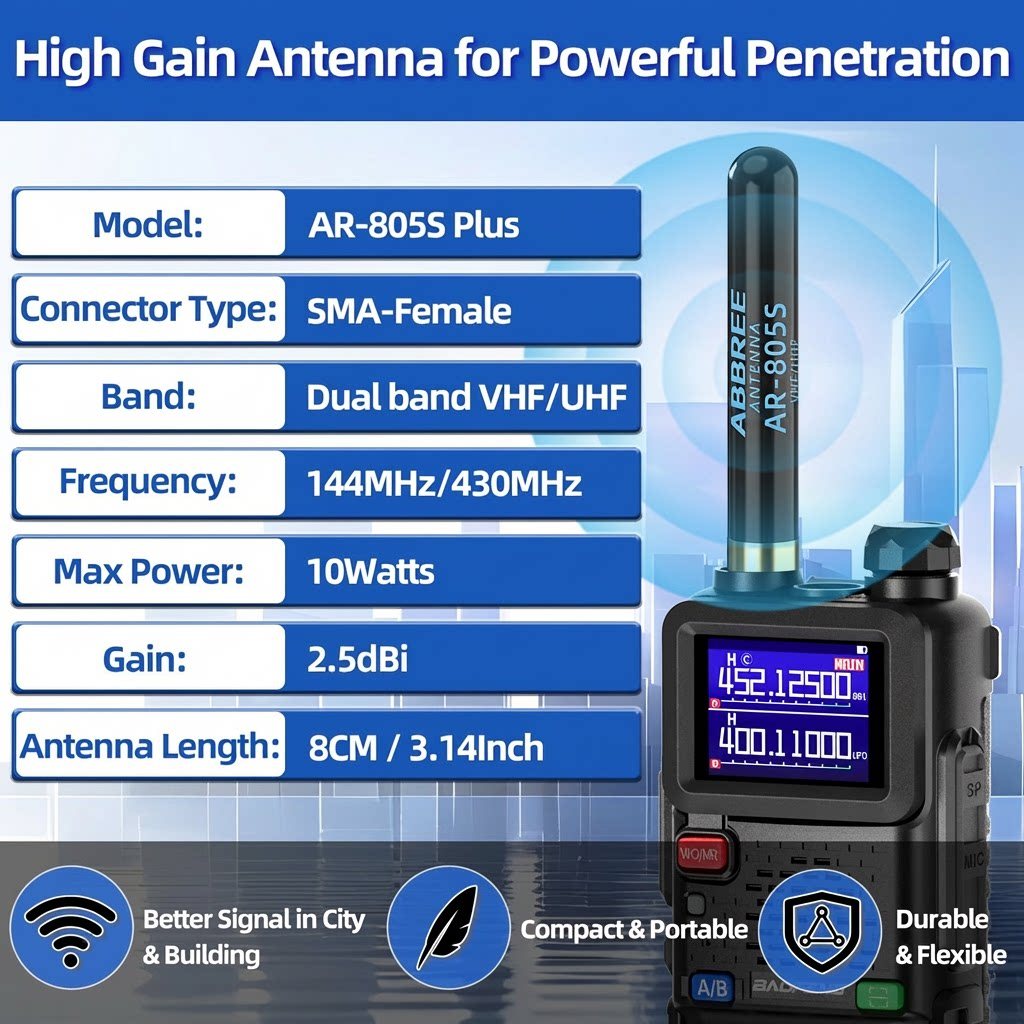 ABBREE AR-805PLUS Mini Antenna Walkie Talkie SMA-Female UHF VHF High Gain upgrade AR-805S For