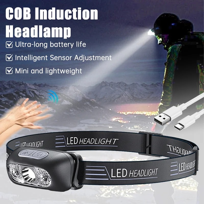 Strong Light Headlamp Portable LED Sensor Headlamp USB Rechargeable Head Flashlight Outdoor Camping