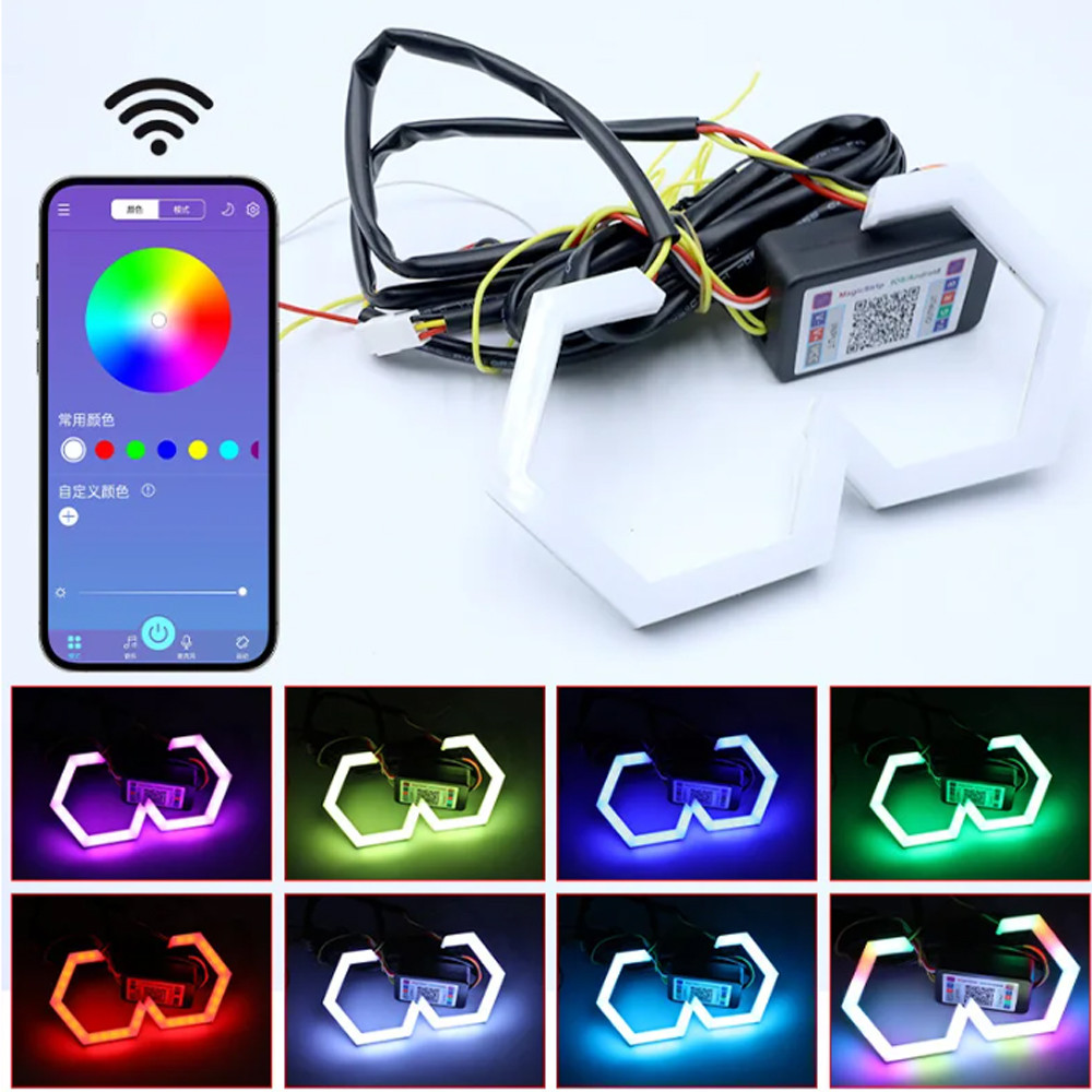 2pcs LED Hexagonal angel Eye RGB Turn Signal Light DRL Bluetooth App For Car Headlights