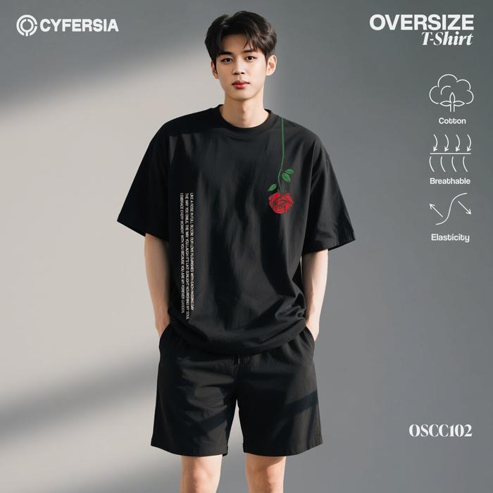Kaos Oversize Heavyweight Cyfersia 16S Tebal Red Rose Oscc102