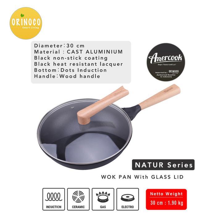 Wajan Penggorengan Amercook Wok Pan Anti Lengket Pegangan Kayu 30cm