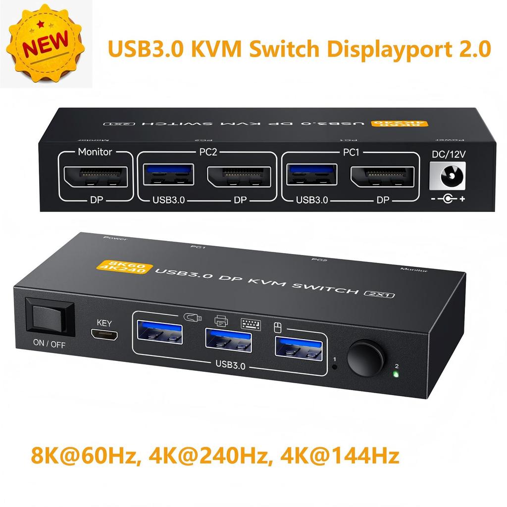 Best Price KVM Switch 2 Computers 1 Monitor Displayport,DP 2.0 KVM Switch 8K@60Hz, 4K@240Hz,4K@144Hz