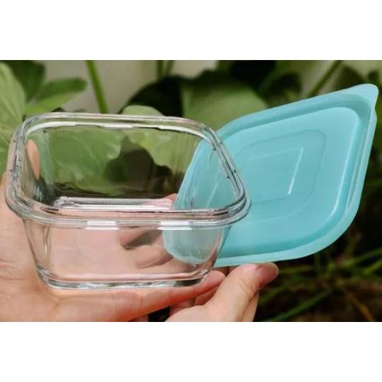 Mangkok Kaca Bening Kotak Tebal + Tutup Plastik 15 cm