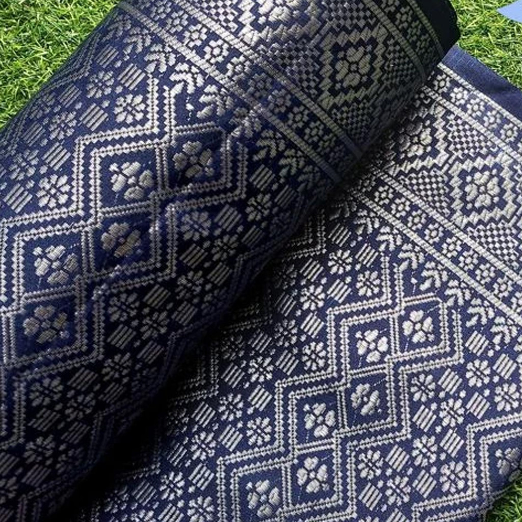 Kain Semi Songket Palembang Navy Polyester / Motif Lepus Bunga Cina Belah Ketupat