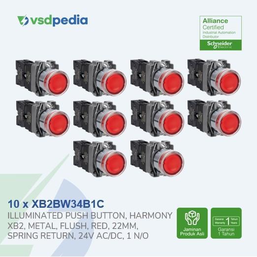 ` SCHNEIDER ILLUMINATED PUSH BUTTON XB2 RED 24V AC/DC XB2BW34B1C X 10