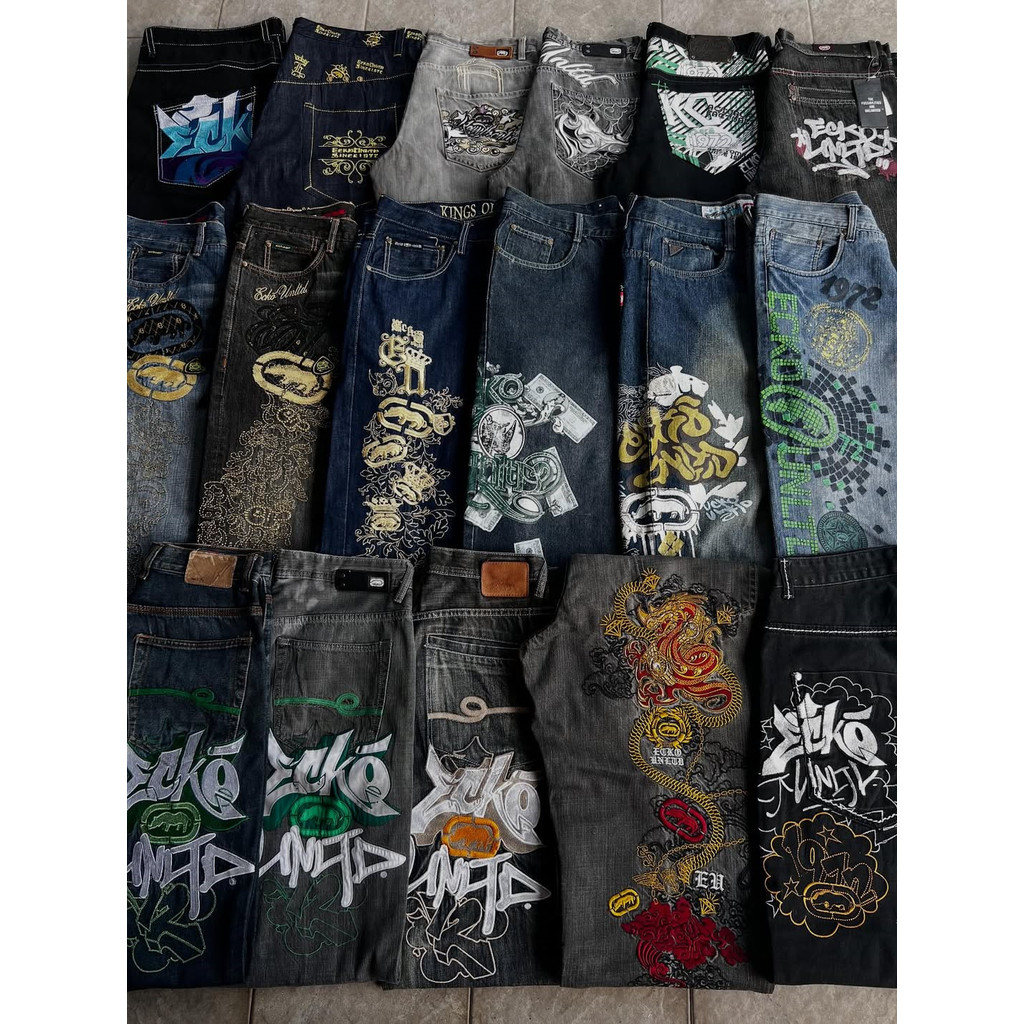 ECKO Explosions Jeans Mens American Vintage Hip-Hop Wide-Leg Pants Harajuku Hip-Hop Gothic Rock