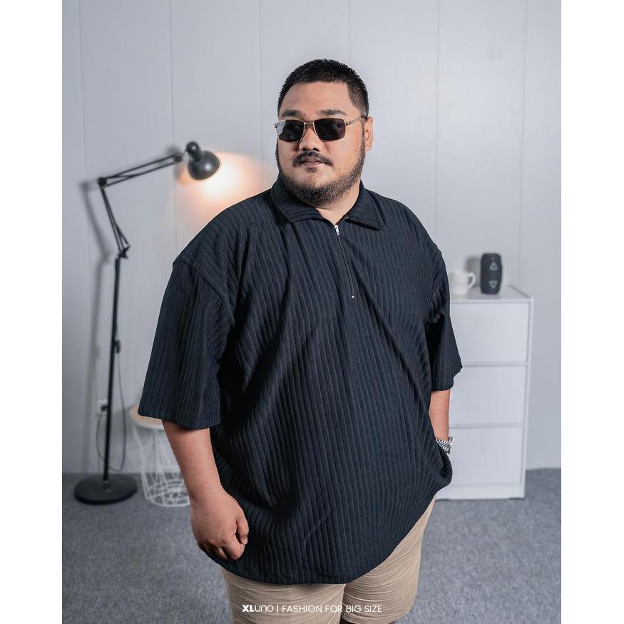 Xluno Zipper Polo Black Baju Polo Pria Jumbo Knit Big Size Lengan Pendek