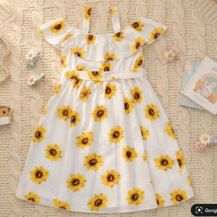 (8-12th) Gaun pantai anak remaja Sabrina putih import bunga matahari dress katun casual cewek