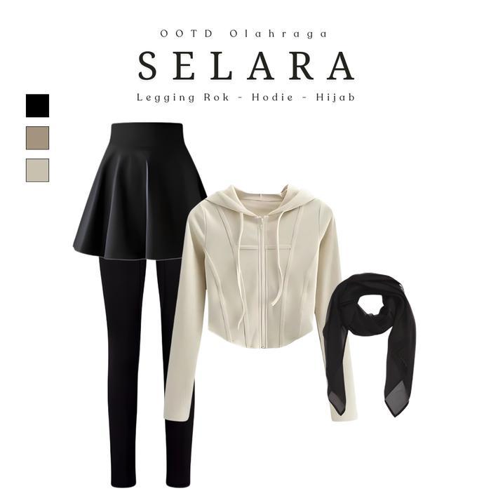Selara OOTD Olahraga 3in1 (Legging Rok Sport Hodie Crop Top Hijab Segi Empat) One Set Padel Joging