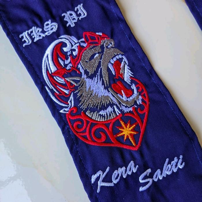 Sabuk Biru Ikspi Kera Sakti Bahan American Drel Motif Bordir Anoman dengan Desain Kera Sakti yang