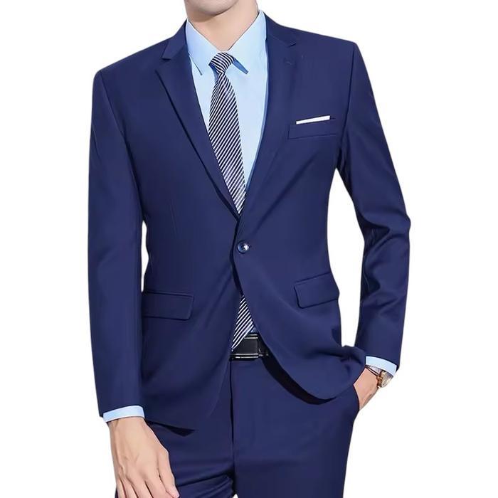 Set Jas Pria 4 in 1 Termasuk Jas Celana Rompi Dasi dan Kemeja Putih Bahan High Twist - Biru Dongker,