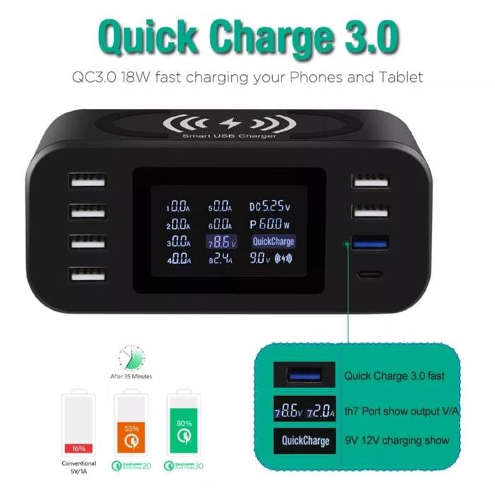 AVPRO I12Q 60W 8-PORT SMART USB CHARGER LCD DISPLAY W WIRELESS & QC3