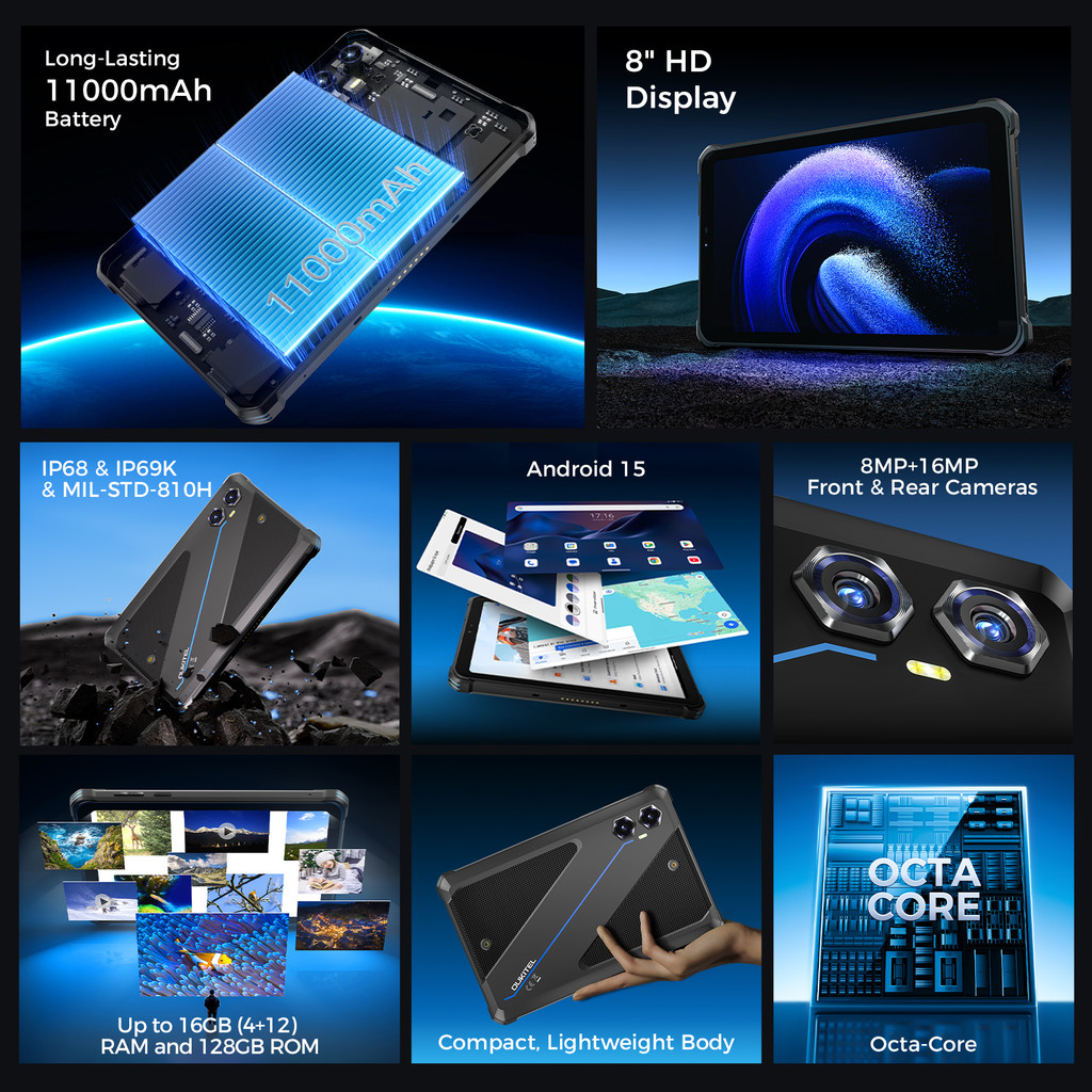 Oukitel RT3 PLUS 11000mAh Rugged Tablet, 8.0" HD Display 16GB (4+12)+128GB Android 15.0 16MP
