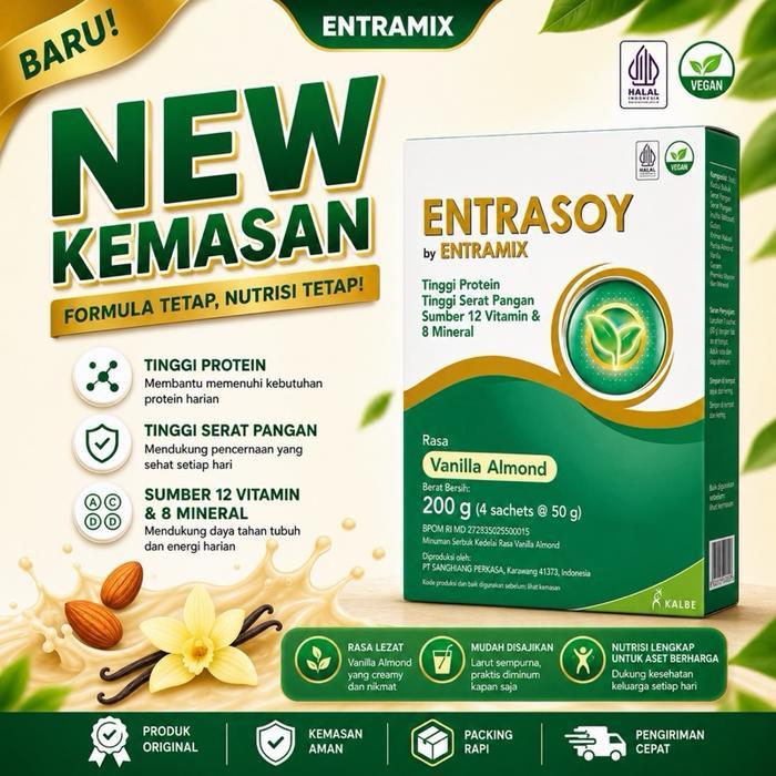 ENTRASOY VANILLA ALMOND SOYA 200 GR SUSU NUTRISI DEWASA TINGGI PROTEIN SERAT