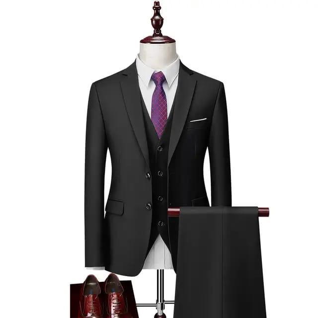 Set Jas Pria Formal Slim Fit Kantor Pengantin - Jas, Celana, Rompi, Dasi - Hitam, S