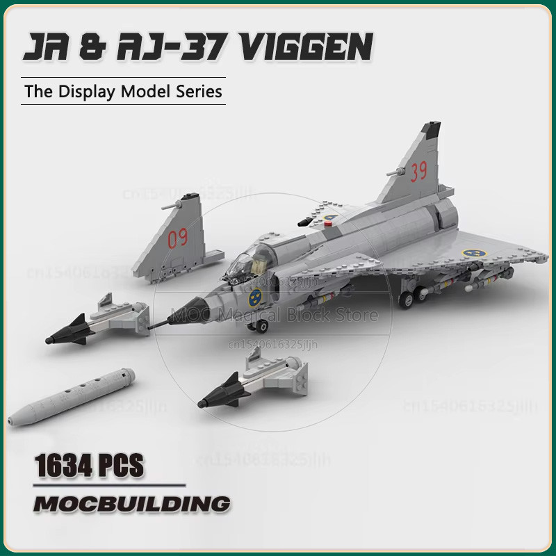 MOC Building Blocks AJ-37 Viggen 1/35 Scale Model DIY Assemble Technology Bricks Aircraft Science
