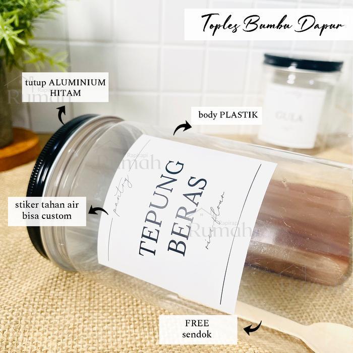 Toples Plastik Bumbu Dapur Estetik Tutup ALUMINIUM HITAM 600 1000 ml - FREE Stiker & Sendok Kayu