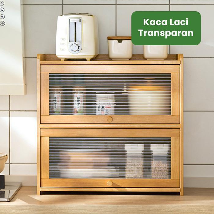 Premium Rak Kayu Dapur Tutup Transparan Etalase Peralatan Makan Minimalis Original