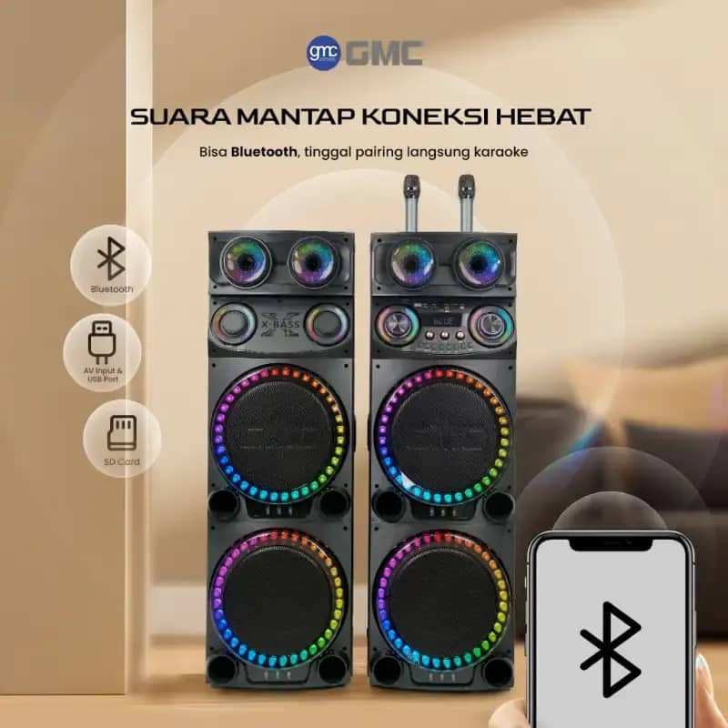 GMC Speaker 882E – Professional Line Bluetooth Karaoke Speaker 4x12” – 420W, 2 UHF Wireless Mic, Sup