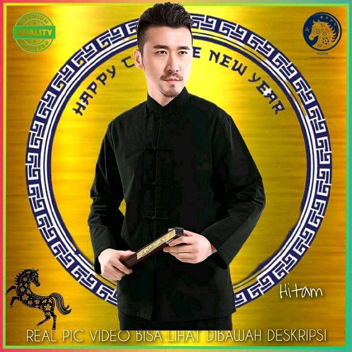 Kemeja Cheongsam Jumbo Pria Baju Atasan Bigsize LD 112 118 124 Hem Imlek Hitam