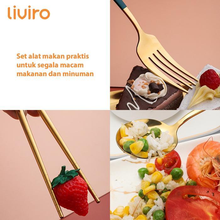 LIVIRO Sendok Garpu Sumpit Set 3 Pcs Stainless Steel 304 Alat Makan Travel Set Warna Emas dengan