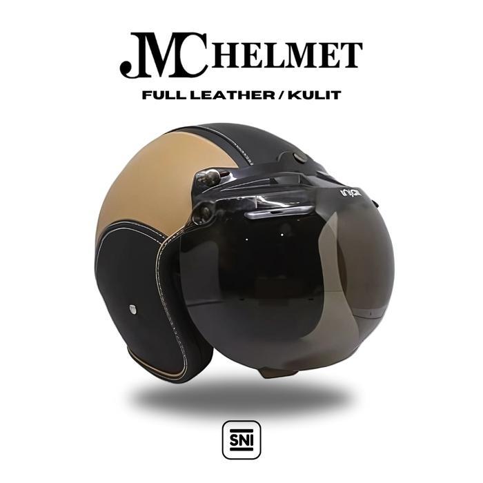 Helm Bogo Retro Dewasa Cokelat Muda Full Leather/ Kulit Kaca Polos Biasa SNI Pria/ Wanita