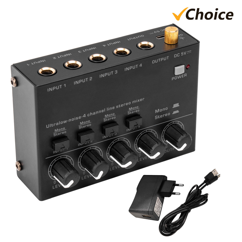 Terbaik Ultra Low Noise 4 Channel Line Stereo Mixer 4 Input 1 Output DC 5V Mini Audio Mixer Micropho