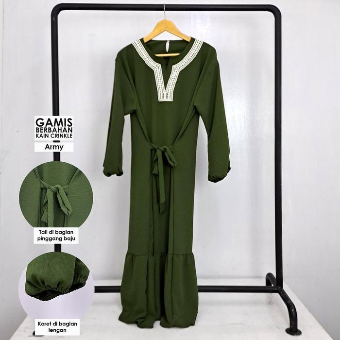 Baju Dress / Gamis Crinkle Polosan Kerah Renda