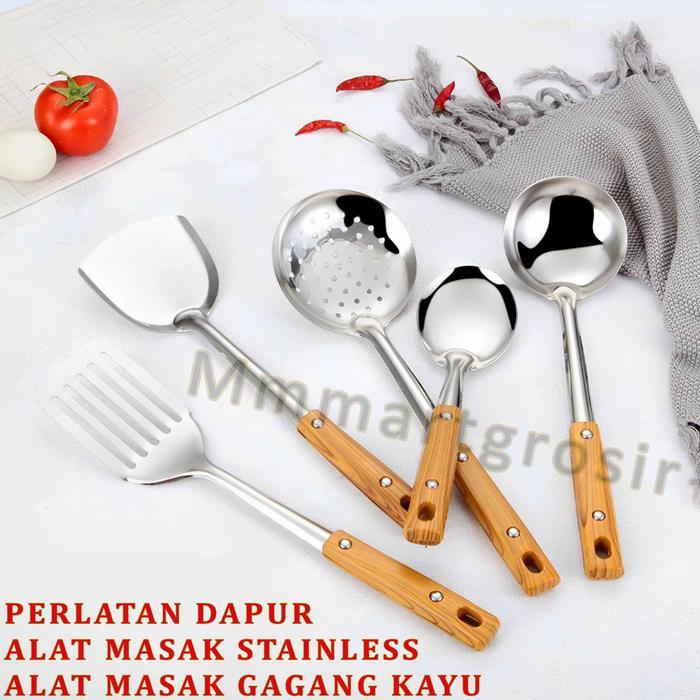 spatula sutil Peralatan Dapur / Alat Masak Stainless / Peralatan Masak Gagang Kayu Sendok Steel