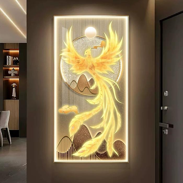 Lukisan Porcelain 5D Diamond Lampu LED Motif Burung Phoenix LED Pajangan Dinding Lampu Burung