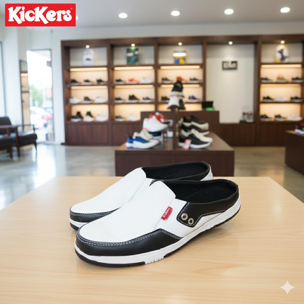 Kickers Sepatu Sendal Pria/Sendal Selop Pria/Sendal Formal Kasual Putih/White