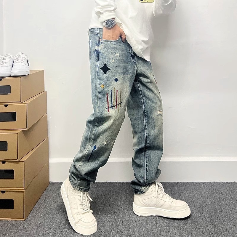 Trendy American Retro Loose Straight Leg Cone Denim Jeans for Men Youthwear with Patchwork Long